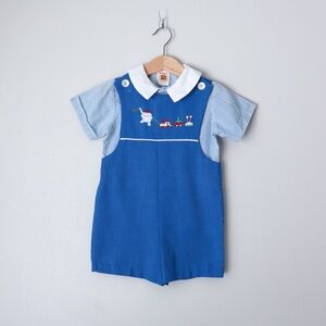 Vintage 70s Winnie the Pooh Elephant Train Blue Jon Jon & Striped Shirt Set